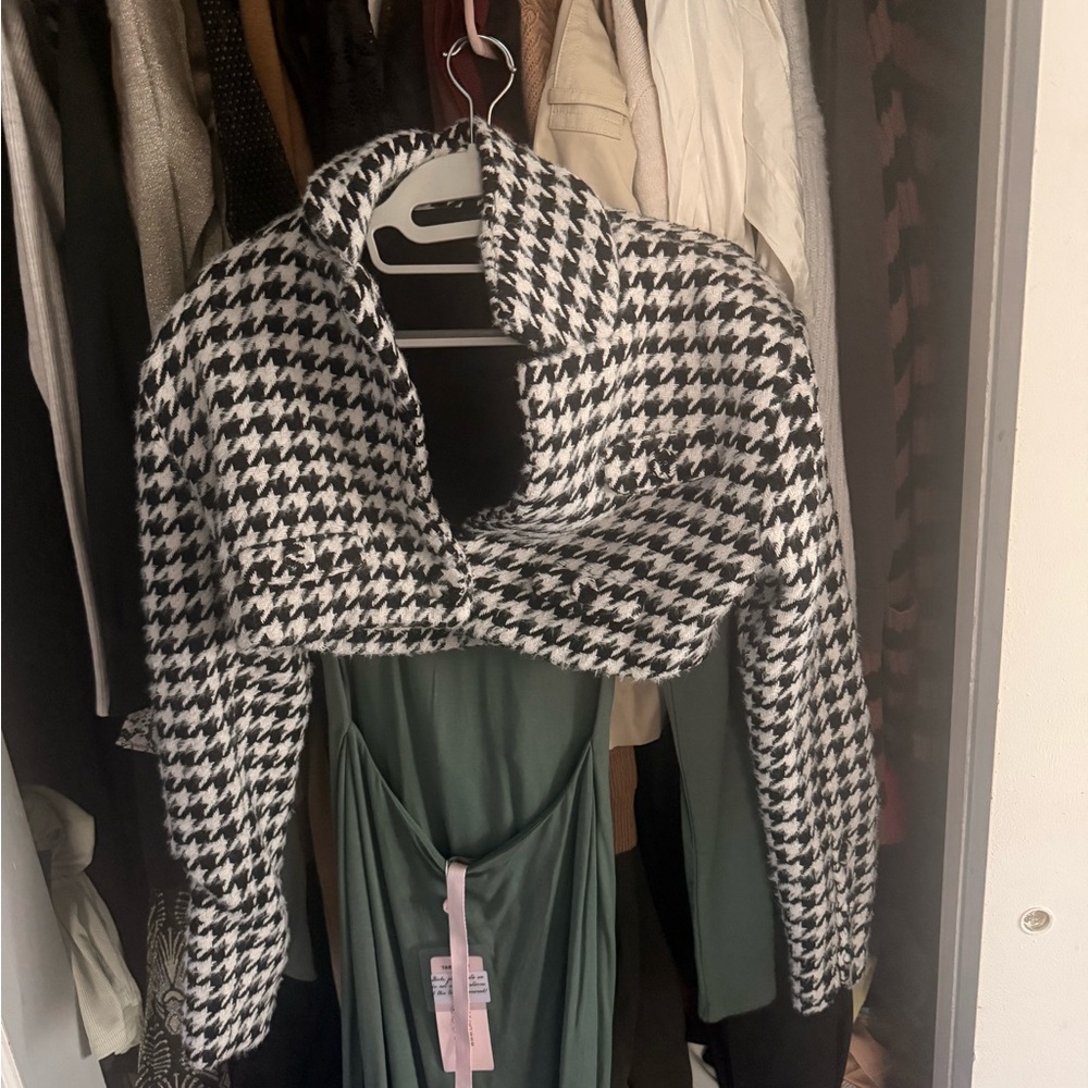 For Love And Lemons Black & White Houndstooth Cropped Blazer